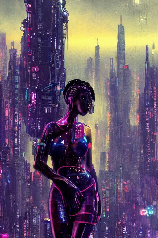 Image similar to a beautiful young Black woman, cyberpunk, Blade Runner city background, highly detailed, 8K, artstation, illustration, art by Gustav Klimt