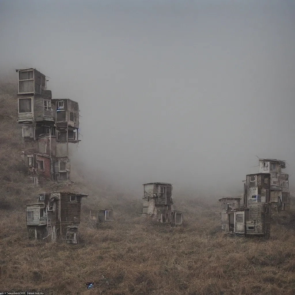 Image similar to two towers, made up of makeshift squatter shacks with pastel colours, uneven dense fog, dystopia, mamiya rb 6 7, fully frontal view, very detailed, photographed by jeanette hagglund