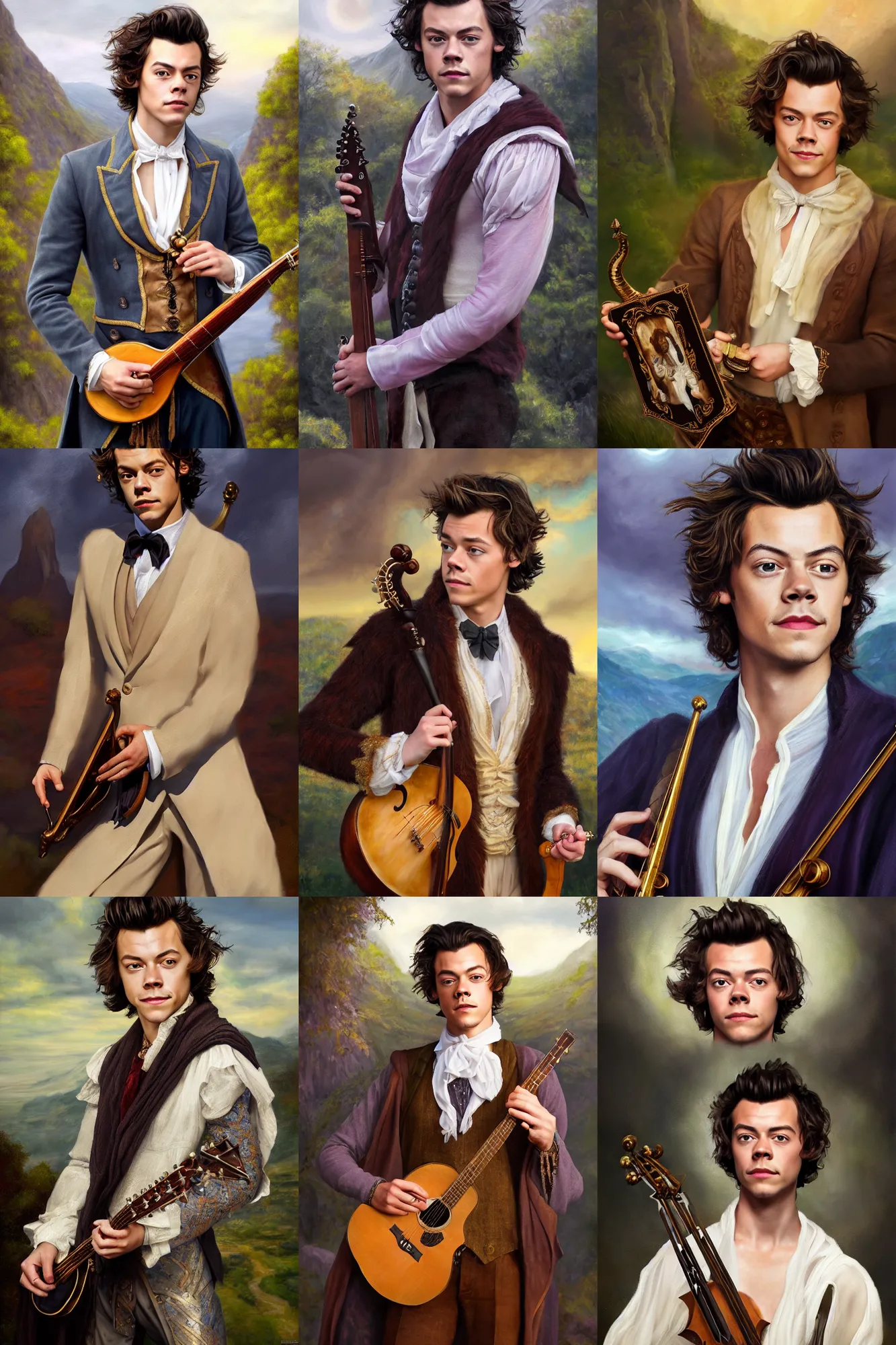 Image similar to a full body high detail fantasy portrait oil painting illustration of harry styles as elegant male bard by justin sweet with face and body clearly visible, in a scenic background, pupils visible, realistic proportions, d & d, rpg, forgotten realms, artstation trending, high quality, sombre mood, artstation trending, muted colours, entire person visible!