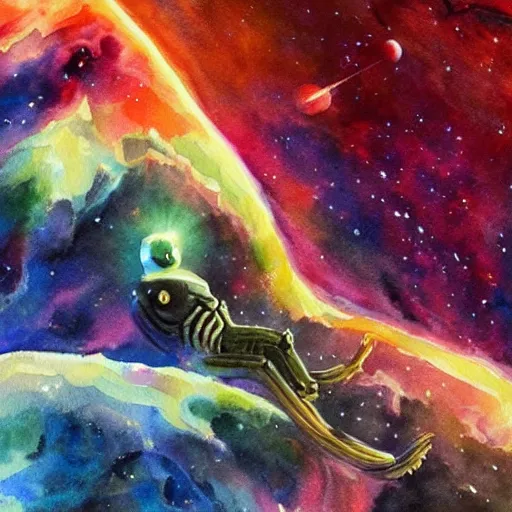 Image similar to alien extraterrestrial elon musk in space. watercolor. dramatic. amazing painting. formal. beautiful. high resolution. highly realistic. close - up. trending on artstation