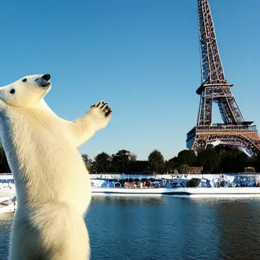 Image similar to a polar bear dancing by the eiffel tower