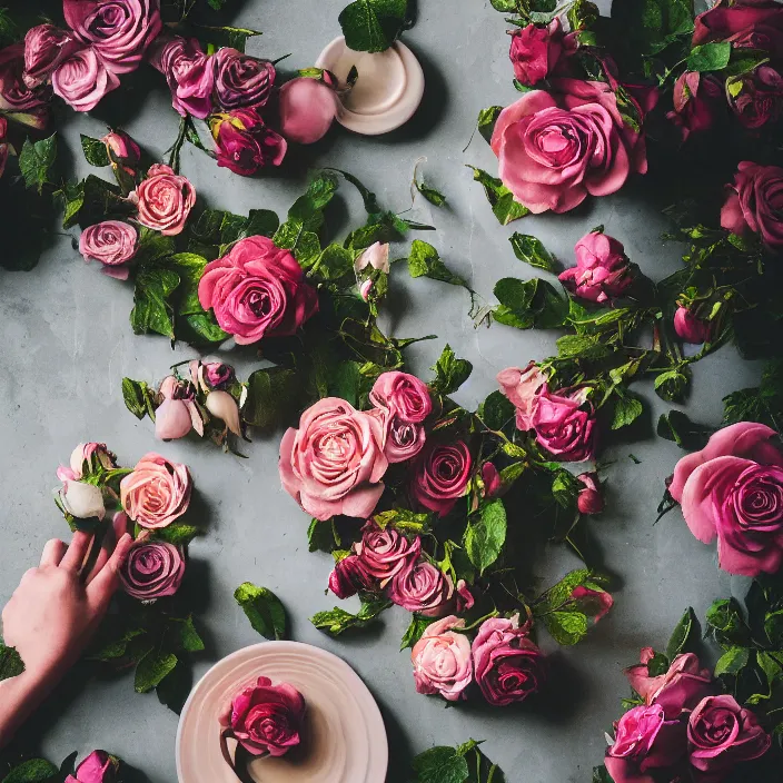Prompt: [ vines and roses ]!! aesthetic!!, trending on unsplash, [ 4 k photorealism ]!!, professional photography, [ overhead view of a table ]!!, shot by jimmy nelson