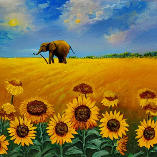 Image similar to Impasto painting of a hidden elephant in a field of sunflowers over a sunset