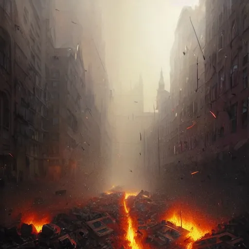 Image similar to city of munich destroyed by a meteor!!!, rubble!!, fires!!, jewish bankers running away in panic!!!, hyperrealistic, highly detailed, cinematic, foggy light from fires, beautiful, cgssociety, artstation, 8 k, oil painting by greg rutkowski, by artgerm, by wlop