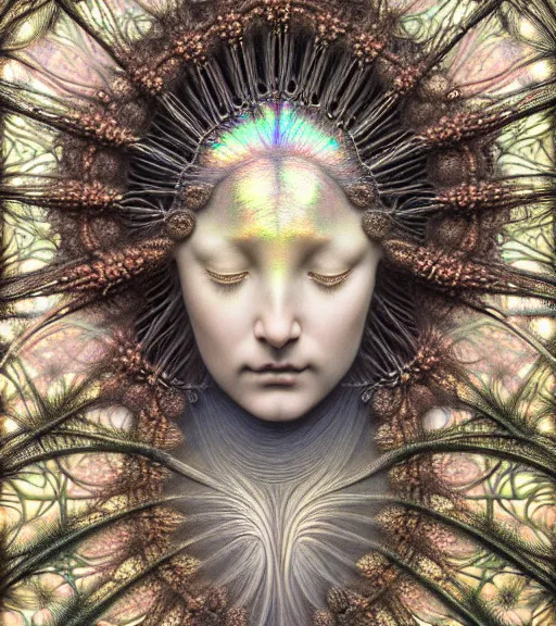 Image similar to detailed realistic beautiful iridescent goddess face portrait by jean delville, gustave dore, iris van herpen and marco mazzoni, art forms of nature by ernst haeckel, art nouveau, symbolist, visionary, gothic, neo - gothic, pre - raphaelite, fractal lace, intricate alien botanicals, biodiversity, surreality, hyperdetailed ultrasharp octane render