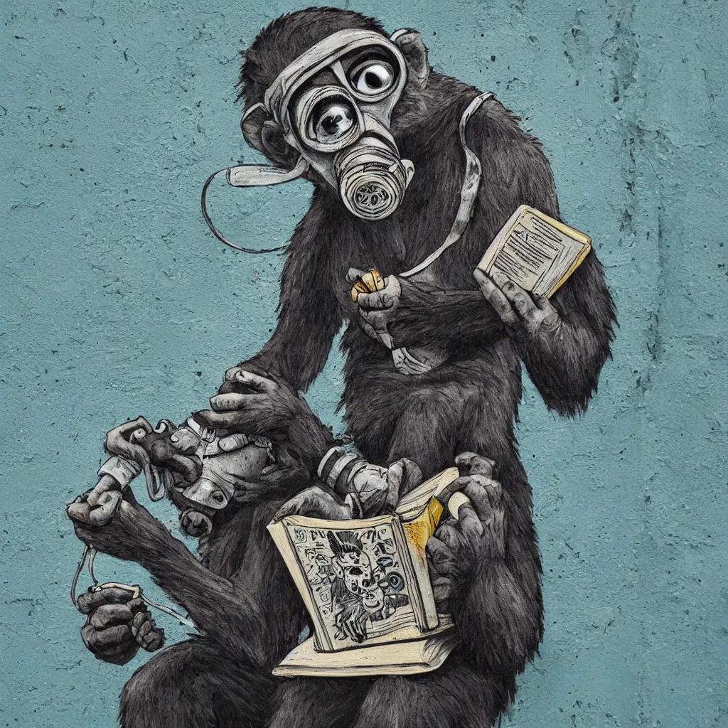 Image similar to Monkey reading a book, wearing a gas mask, graffiti, edge to edge, solid color background intricate, highly detailed, smooth, sharp focus, detailed face and body, high contrast