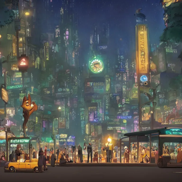 Prompt: few people waiting in a bus stop in dark city night, detailed, high quality, high resolution, screenshot from Zootopia