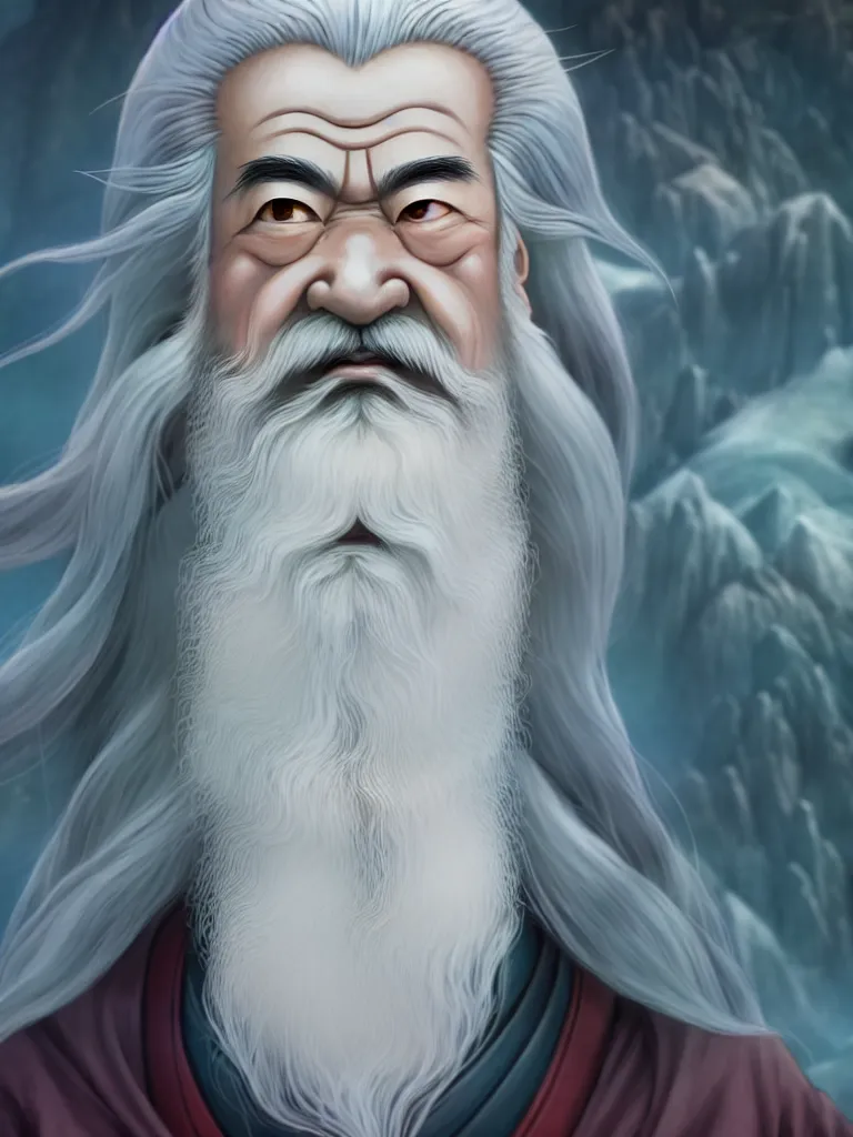 Image similar to the half body portrait of fuxi god in chinese mythology, long white hair, long white beard, atmospheric lighting, perfect shadow, portrait symmetry, wu geng period animation style, frontal lens, wearing a grey robe, in style of makoto shinkai, raphael lacoste, akihito tsukushi, peter mohrbacher, unreal engine, 4 k hd