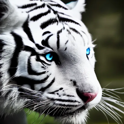 Image similar to realistic photo portrait of a white tiger | blue eyes | colorful blue eyes | cinematic photo | cinematic shot | epic | 8k resolution | realistic | hyperrealistic