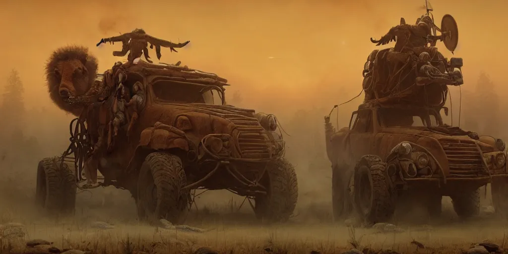 Image similar to solo ancient indian on atv, buffalo chase ,attacking, action scene, an epic fantasy, dramatic lighting, cinematic, establishing shot, extremely high detail, photorealistic, cinematic lighting, artstation, octane render, by simon stalenhag, horizon forbidden west,old photo, high speed photography, vintage, mad max