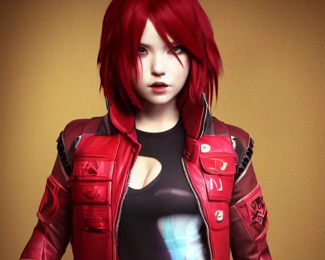 Prompt: a girl with short red hair, cool, vi from arcane, league of legends, fighter, cool red jacket, tattoo, beautiful, 3 d, potrait, art staion, studio light, closeup shot, octane render, wlop - n 9