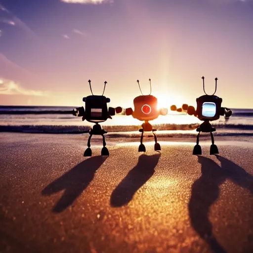 Image similar to cute tiny robots holding hands taking a stroll on the beach golden hour with lots of cute hearts floating in the air at sunset