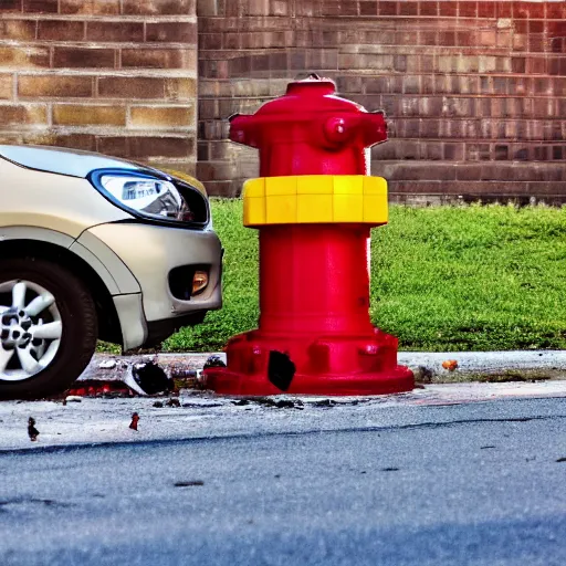 Image similar to minivan backing into a fire hydrant. photograph. high quality.