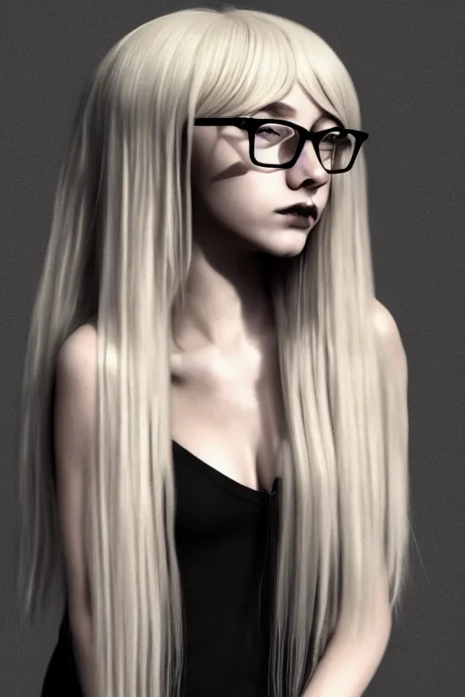 Prompt: award winning full body art of a beautiful detailed young woman with long blonde hair and a fringe, wearing thin-rimmed large round glasses, wearing modern gothic clothes, trending artstation, digital art, award winning art, aesthetic, 4K, realistic, octane render, Photograph