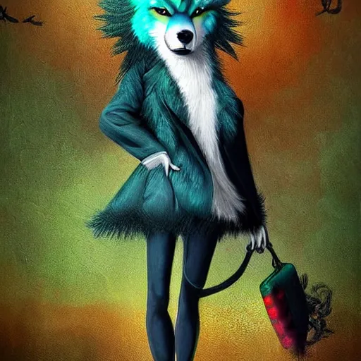 Image similar to Beautiful digital painting, oil painting, anthro anthropomorphic pastel-green androgynous wolf, Punk outfit. lake