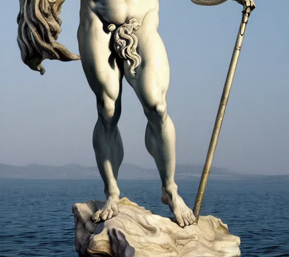 Prompt: a hyper-detailed marble status of Poseidon by Michelangelo; anatomically correct; an extraordinary masterpiece!!!; proud posture; photorealistic eyes; trending on artstation; f/1.4; 90mm