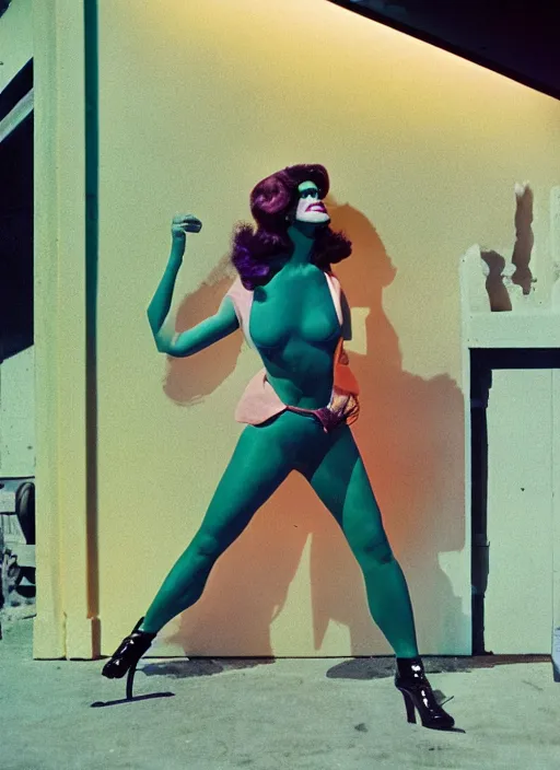 Image similar to a color photo portrait of she hulk in la wearing 6 0's fashion by tim walker, dramatic lighting, 7 5 mm lens, sharp focus.