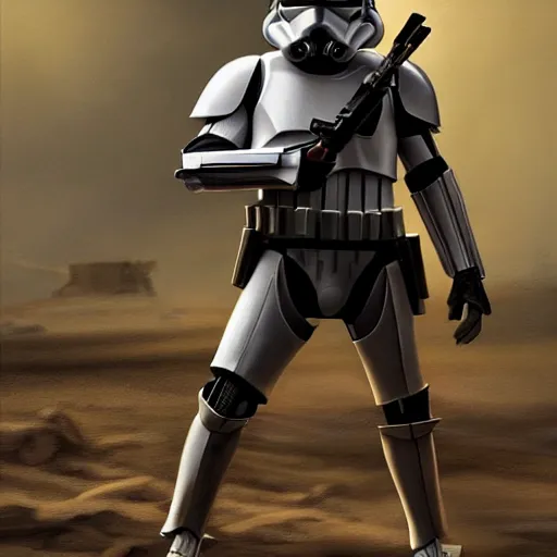 Image similar to full body shot of an imperial stormtrooper in battle position ready to shoot his blaster concept art by Doug Chiang cinematic, realistic painting, high definition, very detailed, extremely high detail, photo realistic, concept art, the Mandalorian concept art style