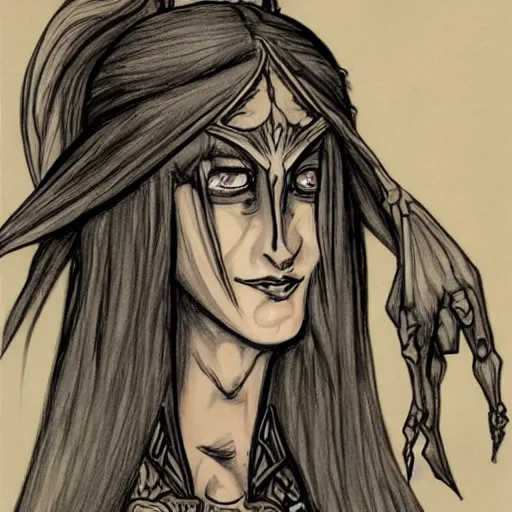 Image similar to dark elf sorceress who is summoning a demon in the style of warhammer fantasy : : head and shoulders drawing