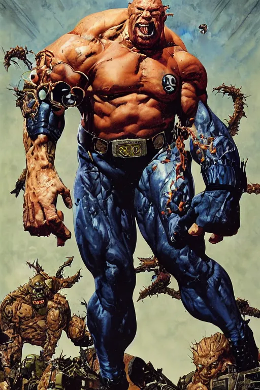Image similar to full body and head portrait of martyn ford as marvel's the thing, dynamic action, painted by norman rockwell and phil hale and greg staples and tom lovell and frank schoonover and jack kirby, single character