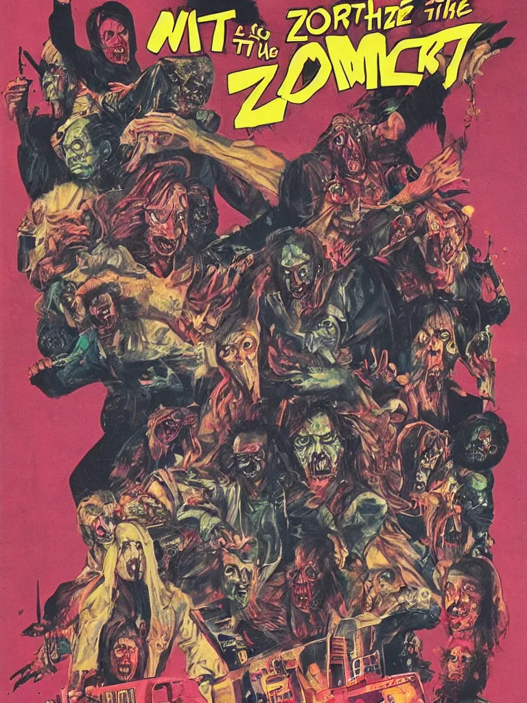 Image similar to poster for the movie Wrath of the Space Disco Zombies, 1970s style, very detailed, text says: Wrath of the Space Disco Zombies