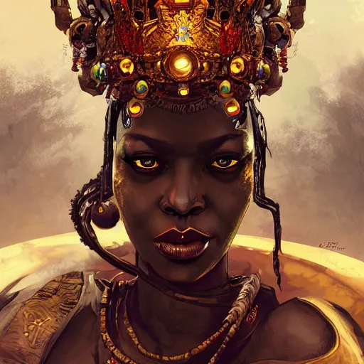 Image similar to a dark and ominous african queen with glowing eyes and a golden crown with a ruby and a black diamond in her forehead, Apex Legends character digital illustration portrait design, by android jones and greg rutkowski in a cyberpunk voodoo style, detailed, cinematic lighting, wide angle action dynamic portrait