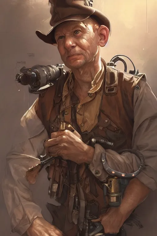 Image similar to elmer fudd as a steampunk cyborg, portrait, western, steampunk, duster, fantasy, intricate, elegant, highly detailed, digital painting, artstation, concept art, sharp focus, illustration, art by artgerm and greg rutkowski and alphonse mucha