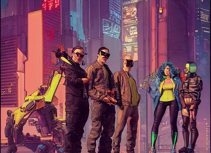 Image similar to cyberpunk heist crew. portrait by stonehouse and mœbius and will eisner and gil elvgren and pixar. character design. realistic proportions. dystopian. cyberpunk 2 0 7 7, apex, blade runner 2 0 4 9 concept art. cel shading. attractive face. thick lines.