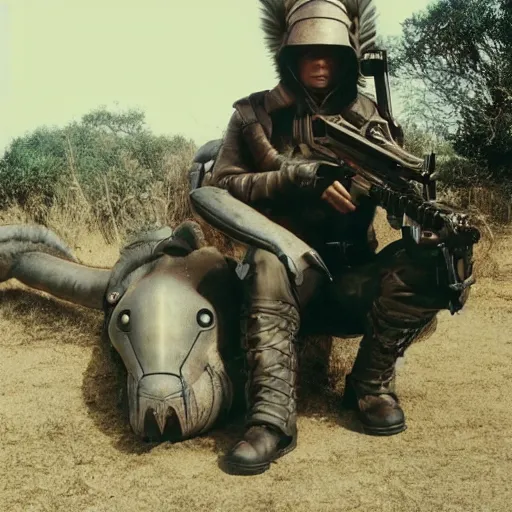 Image similar to futuristic big game hunter sitting for a photo next to his large alien creature, proud, feat, wild world, large futuristic rifle, colonial helmet, style of moebius