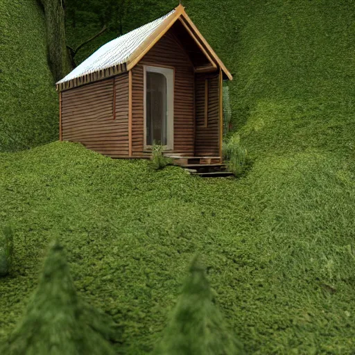 Prompt: small hut, tiny house, hidden in a forest, photorealistic, landscape