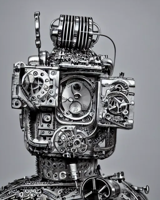 Prompt: robot made out of clock parts, hyper realism, high detail, extremely detailed, very sharp, award winning photo, in the style of vivian maier