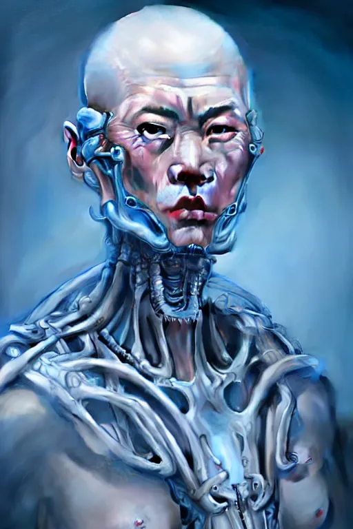 Image similar to hyperrealistic close-up pastel rococo exoskeleton! chinese man highly detailed concept art eric zener elson peter cinematic hard blue lighting high angle hd 8k sharp shallow depth of field