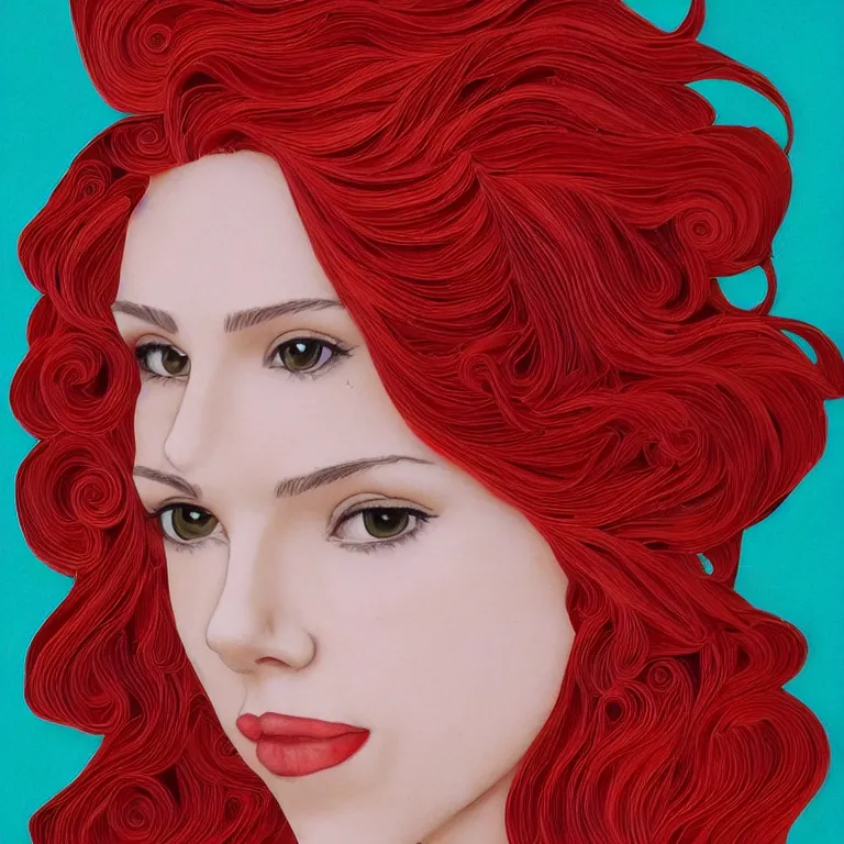 Image similar to young Scarlett Johansson with long red hair in the style of quilling