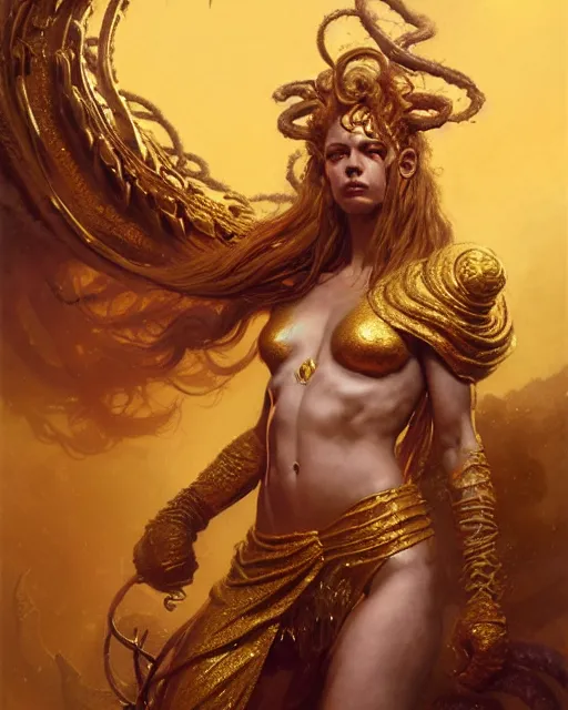 Image similar to fierce medusa in an golden robe, fantasy character portrait, ultra realistic, concept art, intricate details, highly detailed by greg rutkowski, gaston bussiere, craig mullins, simon bisley