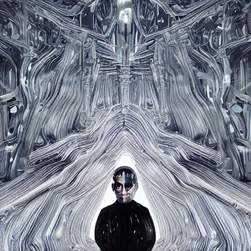 Image similar to digital sci-fi oily gloss reflection airport motherboard wall structure with organic forms in liquid and oil on the coronation of napoleon painting, on moon with medium size man walking with black background. unreal engine 5, keyshot, octane, artstation trending, by Zaha Hadid architects, by Matrix film color, high contrast pinterest black plastic, dark atmosphere pinterest tilt shift, 4k, 8k, 16k.