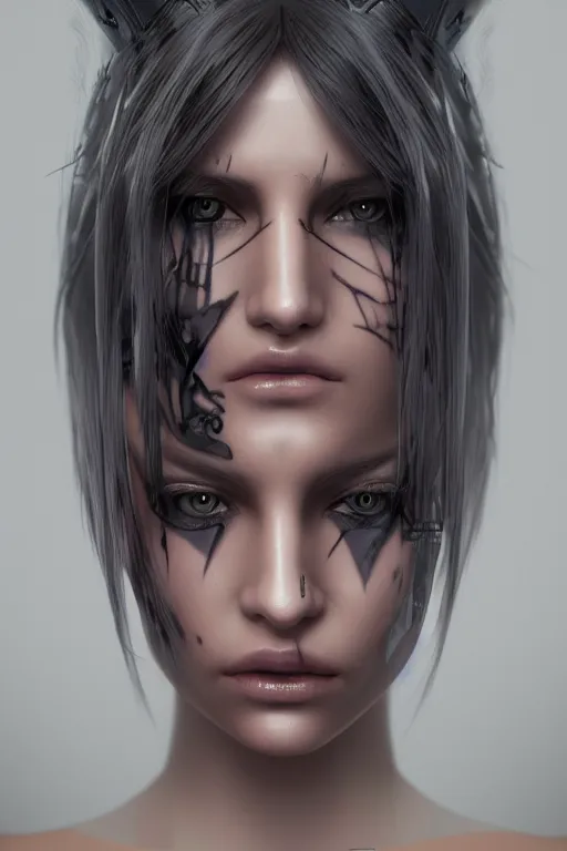 Image similar to a portrait of a cyberpunk fashion female model, detailed, realistic eyes, symmetry features proportions, intricate facial details, cybertech wear, synthwave, award winning, trending in cgsociety artstation deviant art