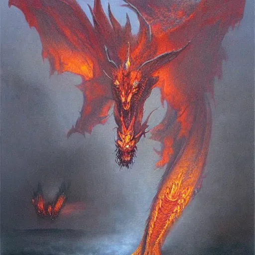 Image similar to fire dragon concept, epic, ancient, beksinski