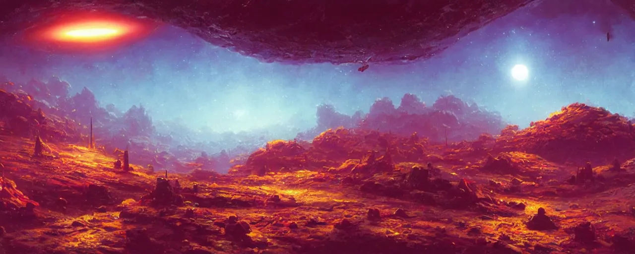 Image similar to ” outer planet landscape, [ cinematic, detailed, epic, widescreen, opening, establishing, mattepainting, photorealistic, realistic textures, octane render, art by paul lehr ] ”