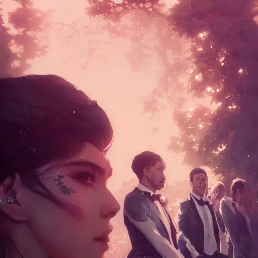 Image similar to lady at a wedding, intricate complexity, by greg rutkowski, artgerm, ross tran, conrad roset, takato yomamoto, ilya kuvshinov. 4 k, beautiful, cinematic dramatic atmosphere