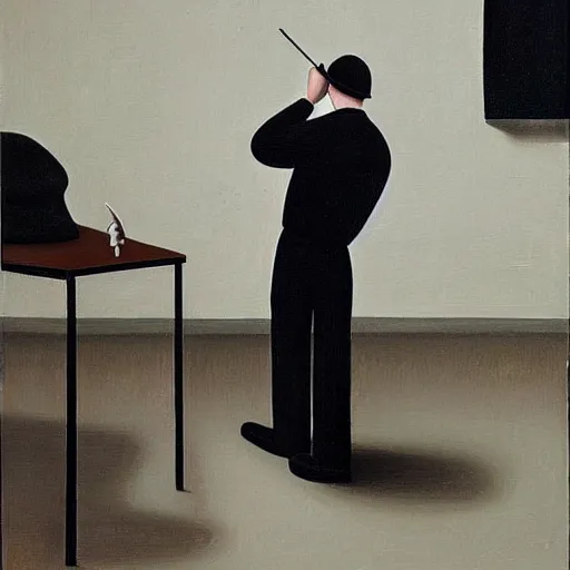 Image similar to a painting of a man drawing a painting. by gertrude abercrombie. precisionism, surrealism, dark, low contrast, featured on pixiv, art on instagram, detailed painting