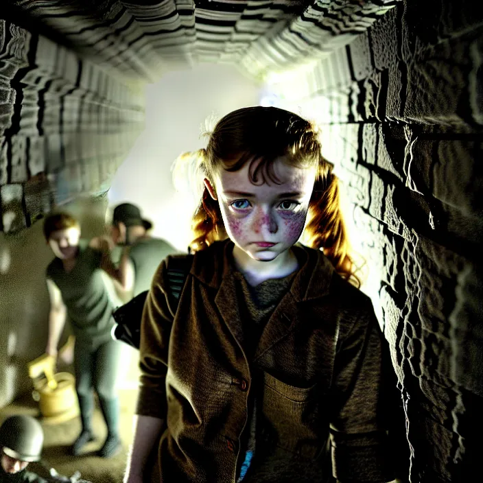 Image similar to tired sadie sink as a miner emerges out of the dark coal mine. storyboard, scifi cyberpunk. by gabriel hardman, joe alves, chris bonura. cinematic atmosphere, detailed and intricate, perfect anatomy