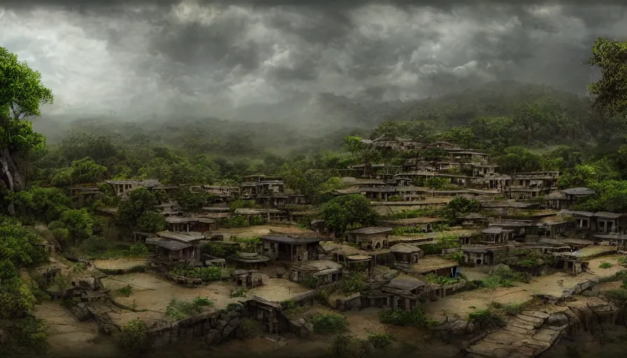 Image similar to matte painting of a beautiful dvaravati village, digital art, trending on artstation