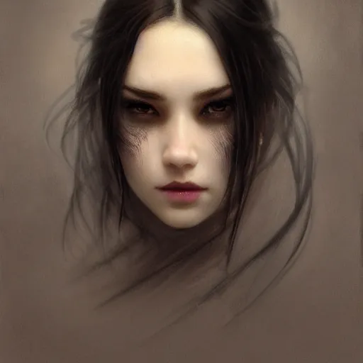 Image similar to angry girl, portrait, ice magic, long face, sharp features, black hair, dark robe, art by artgerm and greg rutkowski and alphonse mucha, trending on artstation, cinematic light, pastel colors, volumetric shading, high radiosity dull skin, global illumination, radiant light, soft light, soft color dodge, subsurface scattering