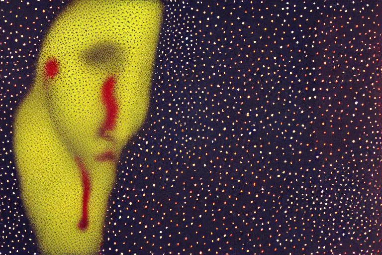 Prompt: anxiety, faceless people dark, dots abstract, dripping, stipple, pointillism, technical, abstract, minimal, style of francis bacon, asymmetry, pulled apart, stretch, cloak, eerie, made of dots, abstraction chemicals, balaclava mask, colored dots, sploch