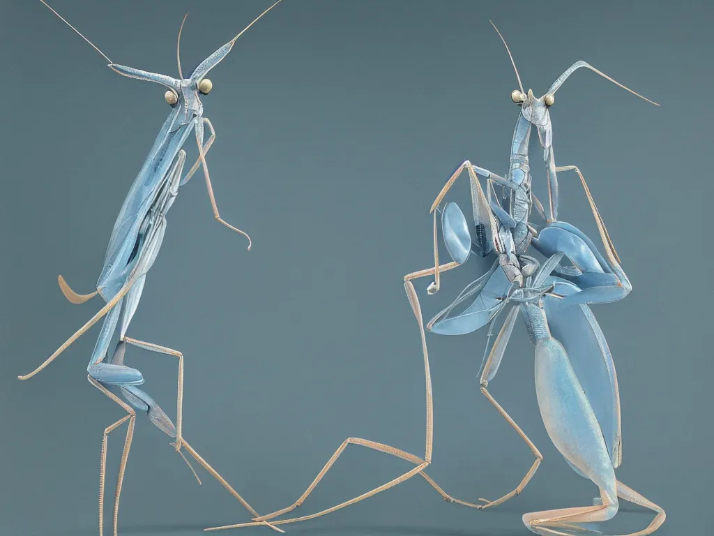 Image similar to a blue praying mantis. orchid mantis standing. petri dish art. animal eyes, cloudy eyes, cataract. subsurface scattering, translucency, backlit, diffused, smooth. studio photography high quality highly detailed award winning photograph by national geographic, by slim aarons. complementary color scheme. ( sculpture by antonio canova )