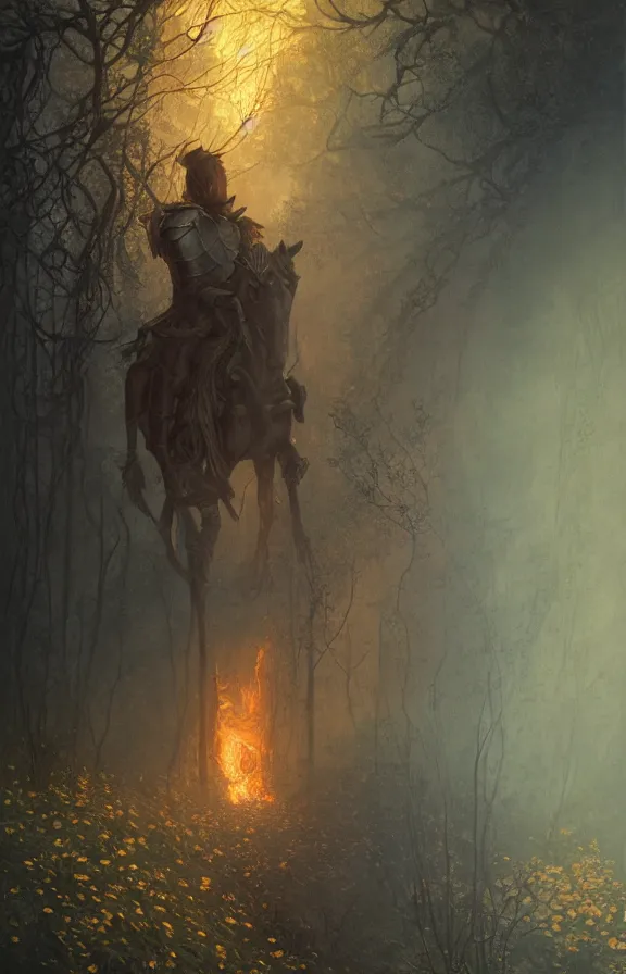 Image similar to portrait of a knight among flowers in dark forest, surrounded by fire and smoke, moody, rim light, dynamic lighting, cinematic shot, gritty, ultra - detail, renderman, physically based render, jean delville, gustave dore and marco mazzoni