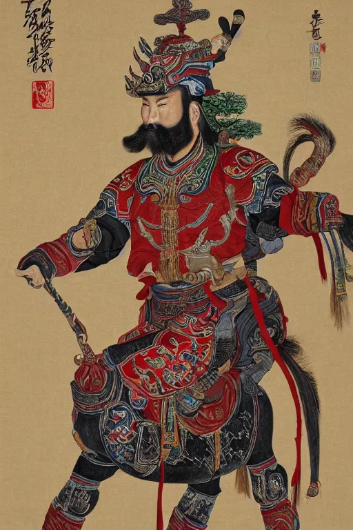 Image similar to A hyper realistic full body portrait of majestic guan yu stands in front of the red horse, defined features, by gu kaizhi, wu daozi, 8k, HD, gigapixel, portrait art, symmetrical composition, realistic proportions, ink and colored pigments on silk, sharpness applied, hyperrealism