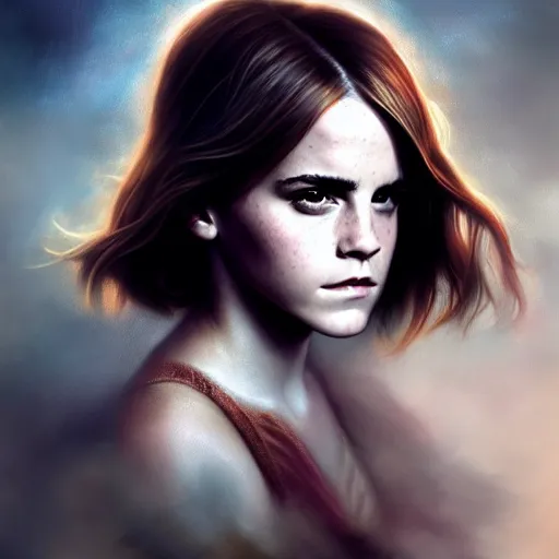 Prompt: emma watson portrait, chrome, reflect, fantasy atmospheric lighting, painted, voluptuous, menacing, intricate, volumetric lighting, beautiful, rich deep colours masterpiece, sharp focus, ultra detailed, by leesha hannigan, ross tran, thierry doizon, kai carpenter, ignacio fernandez rios