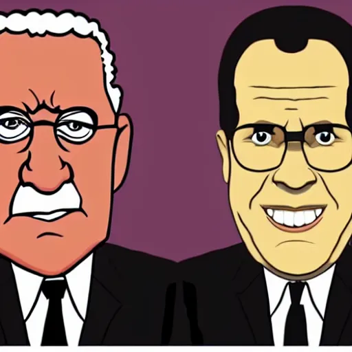 Image similar to henry kissinger and richard nixon as cartoon characters, tv frame, screenshot, trending on reddit,