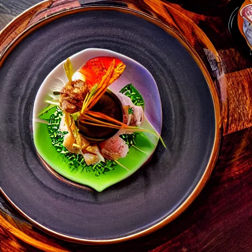 Image similar to DMT served at a fancy restaraunt on a fancy plate, gorgeous depth of field professional food photography